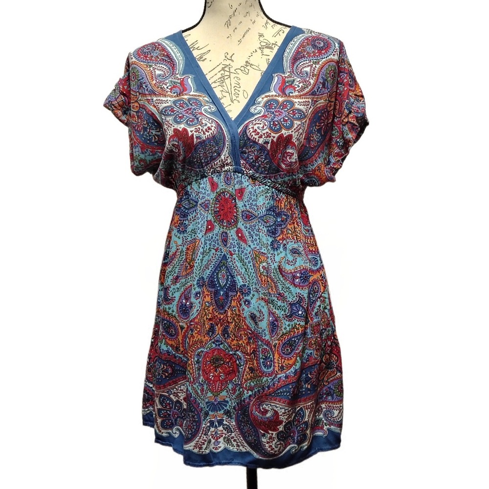 Angie Boho‎ Whimsygoth Floral Paisley Summer Mini Dress M Smocked Waist Hippie